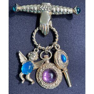 Vintage 1928 Pin Brooch Gold-tone Hand Holding Charms Cherub Dangles Oddity HTF